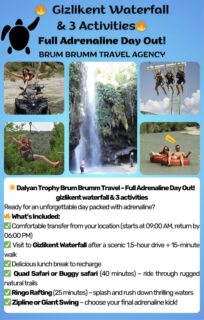 🌟 Dalyan Trophy Brum Brumm Travel – Full Adrenaline Day Out!

Available 09/09/2025 MONDAY

Gizlikent Waterfall & 3 activities
Ready for an unforgettable day packed with adrenaline?
🔥 What’s Included: 
✅ Comfortable transfer from your location (starts at 09:00 AM, return by 05:00 PM) ✅ Visit to Gizlikent Waterfall after a scenic 1.5-hour drive + 15-minute walk 
✅ Delicious lunch break to recharge 
✅ Quad Safari or Buggy safari (40 minutes) – ride through rugged natural trails 
✅ Ringo Rafting (25 minutes) – splash and rush down thrilling waters 
✅ Zipline or Giant Swing – choose your final adrenaline kick!
💸 All this for only £70 per person (includes transfer, lunch, and 3 activities)
⚡️ Limited spots available – book now to guarantee your seat!

WhatsApp: +90 543 542 4248
Direct Booking Link: WhatsApp
https://wa.me/message/343JA7HXTNLEE1